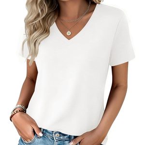 Camiseta de Cuello en V para Mujer FOXA, Manga Corta, Básica, Informal, 100% Algodón, Tejido Jersey Transpirable, Tallas S-3XL - Product Image 1