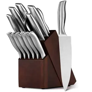 Grosir kustom Bass besi tahan karat pegangan berongga dapur eksklusif garis Set pisau dengan blok kayu serated Steak pisau