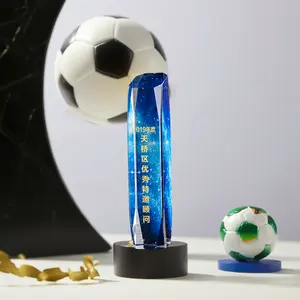 Free Logo Engraving Customized Sandblasting K9 Blue Strip Crystal Glass Trophy Awards Crystal Column Trophy Glass Award