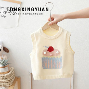Girls Knitted Vest Cartoon Cupcake Design Cotton Sweater Sleeveless For Children Autumn Wear Pink Off White Blue - Product Image 5