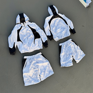 Setelan Olahraga Musim Dingin Kasual Bernapas Model Windbreaker Dua Potong Jaket Berkerudung dengan Ritsleting & Celana Motif Huruf Bahan Nilon Ritsleting Pria - Product Image 2