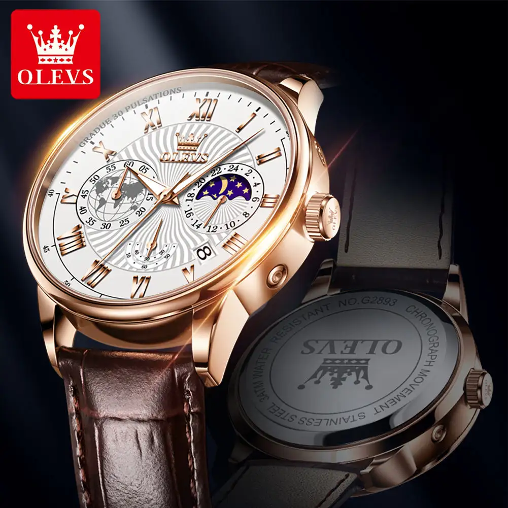 OLEVS 2893 맞춤형 시계 로고 oem 시계 비즈니스 다기능 패션 달의 위상 남성 손목 쿼츠 시계