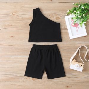 Ensemble de vêtements d'été pour bébés et jeunes enfants filles, 2484, en coton, débardeur uni à une épaule sans manches + short, tenue complète - Product Image 4