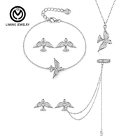 Parure de bijoux Bohème en Argent Sterling 925 avec Zircon Cubique Pavé, Collier, Bracelet, Boucles d'oreilles et Manchette d'oreille Colombe de la Paix (4 pièces) pour Femme