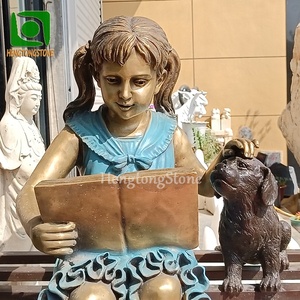 Escuela famosa occidental decorativa bronce chica leyendo libros con <span class=keywords><strong>perro</strong></span> sentado en el banco estatua figura de Metal escultura - Product Image 2