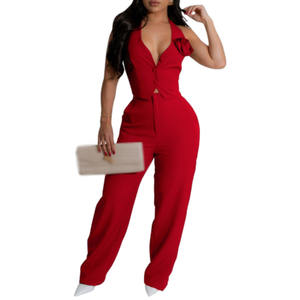 Conjunto de Dos Piezas para Mujer, Estilo Halter sin Mangas, Color Sólido, para Oficina, Moda de Verano - Product Image 3