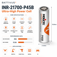 Sel Baterai Molicel Original 4500mAh 3.6V 10C Discharge 45A INR21700 P45b Molicel 21700 untuk Paket Baterai Custom 6S2P 6S1P 20S5P