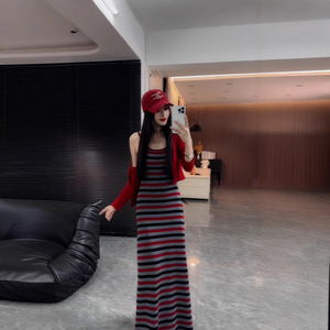 Women Two Piece Set Red Knitted Cardigan Striped Slip Dress Casual Style Full Sleeve Color Blocking Pattern Printing - Product Image 4