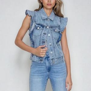 Chaleco de Verano para Mujer, Diseño OEM, Chaqueta sin Mangas a la Moda con Botones y Bolsillos Rectos, Camisa Vaquera - Product Image 1