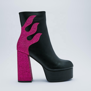 Glitter Fire Patchwork Round Toe Women <b>Platform</b> Short <b>Boots</b> Side Zipper Women Ankle Booties High Chunky Heels Shoes Customized - Product Image 4