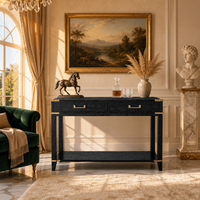 Console en bois à 2 tiroirs avec coins en métal moulé à la main, noire, pour aménagement intérieur de luxe de villa