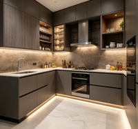 Armoires de cuisine modernes personnalisées en bois grainé gris foncé mat avec îlot central et vitrine à éclairage LED
