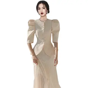 Summer Pleated Maxi Dress Women Casual Solid Turn Down Collar Half Sleeve Ruched Party Club Work Business Wedding Dress Women
