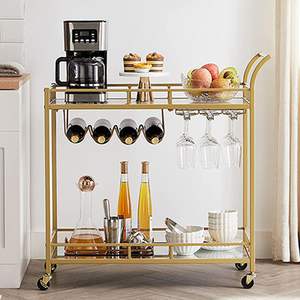 Luxe Eetkamer Goud Metalen Wijnkar Serveren <span class=keywords><strong>Trolley</strong></span> Met 2 Spiegelplanken Thuis Keuken Barkar - Product Image 1