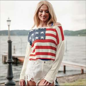 Pulls pour femmes tricotés personnalisés en usine chandails tricotés décontractés à épaules dénudées avec drapeau américain hauts à manches longues - Product Image 1