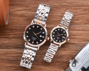 His and Hers Matching Couple Watches Two Tone Stainless Steel with Black Dial and Crystal <b>Markers</b> Omegaes - Product Image 1