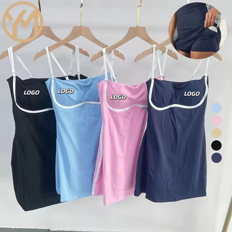 Yimo Women Sleeveless Hollow Out with Pocket sport yoga Tennis Dress Lady blocking color Fitness skirt Female Workout skirt