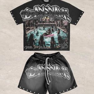 Ensemble de survêtement d'été 2 pièces personnalisable, vintage, écologique, pour homme, décontracté, avec strass, 100 % coton, t-shirt et short, imprimé en usine - Product Image 1