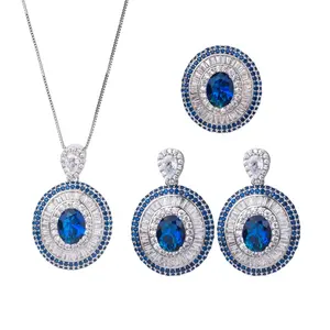 Luxury Women Zirconia Oval Pendant Necklace Ring Earrings Blue Gemstone Jade Crystal Jewelry Set