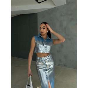 Blue Midi Denim <b>Skirt</b> Foil-Embellished Design Casual Streetwear Dot Pattern Button Belt Decoration Washed <b>for</b> <b>Summer</b> Autumn - Product Image 3