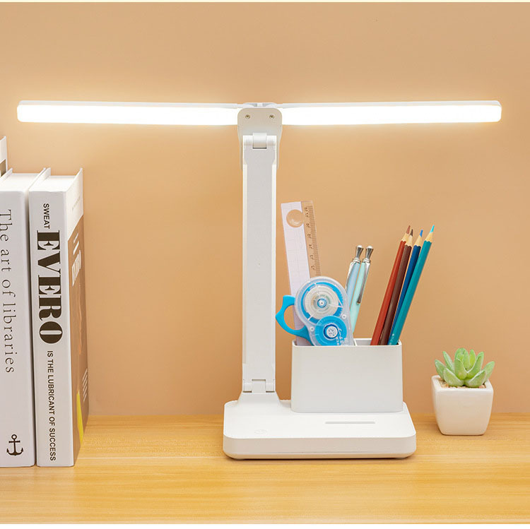 Led Double Head Type Foldable Rechargeable Working Study Bedside Desk Lamp With Pen Stand