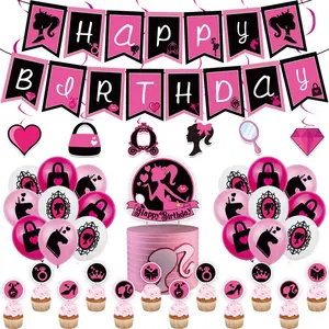 Roze Roze Roze Zwarte Strik Bedrukte Latex Ballon Mode Pop Roze Prinses Ballon Voor Meisjes Verjaardagsfeestje Decoratie