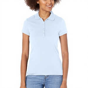 Polo à manches courtes bleu clair pour femme, couleur unie, coton piqué respirant, vêtements décontractés - Product Image 1