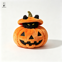 Peluche de chat noir en polyester avec visage brodé en forme de citrouille, jouet décoratif d'Halloween en 3D