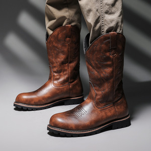 Mens <b>Brown</b> Genuine Leather Cowboy <b>Boots</b> Round Toe Rubber Outsole Anti-Slipper Walking Shoes All Seasons - Product Image 4