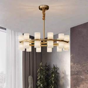 Lámpara de araña moderna redonda de latón dorado con pantallas cilíndricas de alabastro para comedor, luz LED blanca cálida de 3500K regulable - Product Image 3