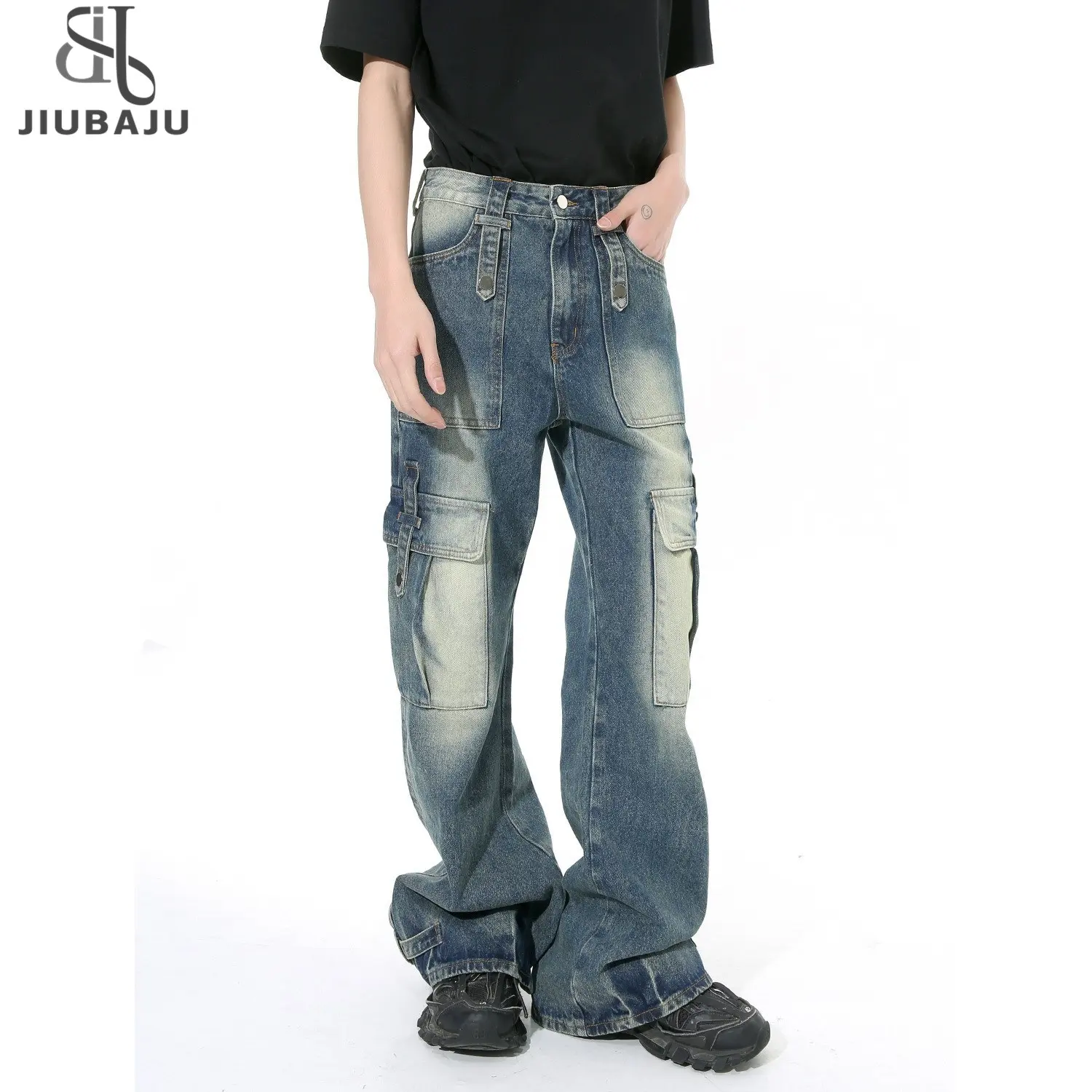 American High Street Multi Pocket Jeans Loose Hip Hop Straight Techwear Denim Pantalones hermosos para hombre