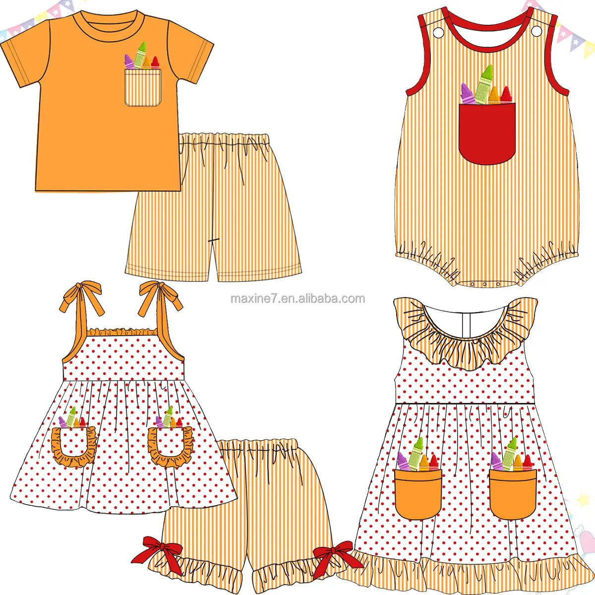 Customization knitting kids clothing summer ruffle pockets girl outfits crayon embroidery dots printed two piece sets