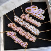 Collar de esmalte con colgante doble para mujer, joyería, regalo de Navidad, collar de nombre de esmalte personalizado chapado en oro con diamantes de imitación