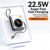Mini Power Bank Mignon 10000mAh avec 2 Câbles Intégrés, Charge Rapide PD 22.5W, Sortie USB-C, Chargeur Portable Léger avec Affichage Numérique