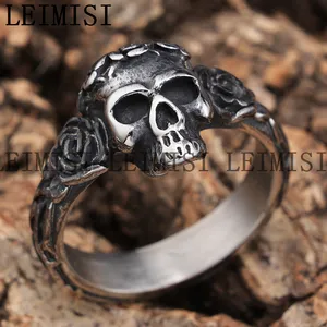 Fashionable Vintage Silver Color Stainless Steel Skull Skeleton Gothic Punk Rose Flower Light Rings For Girl Women