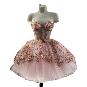 Vestido de Tul Brillante con Flores 3D, Vestido Largo de Gala o Corto de Quinceañera, Vestido de Fiesta sin Mangas con Escote Corazón, Vestido de Noche con Corsé de Encaje - Product Image 5