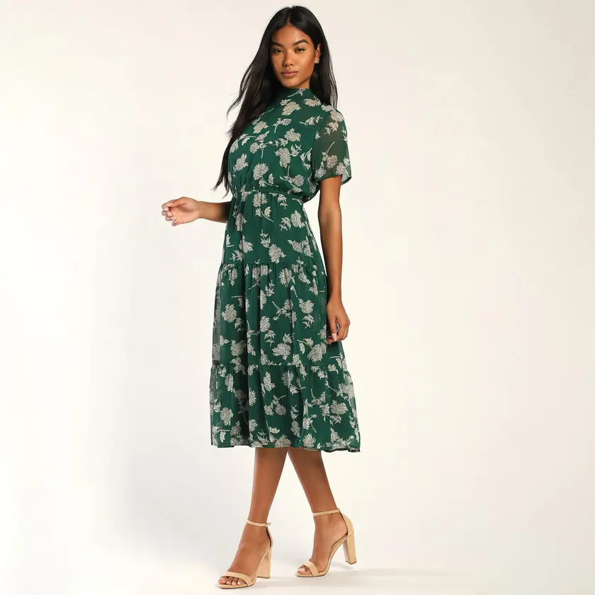 2023 Summer Dark Green Midi Office Light Chiffon Floral Printed Ruffles Dresses Women Casual