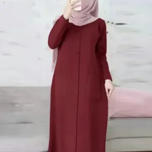 2023 Summer Women Islamic Clothing Dubai Cardigan Long Sleeve Round Neck Loose Fitting Dresses Solid Color Abaya Women Muslim Dr
