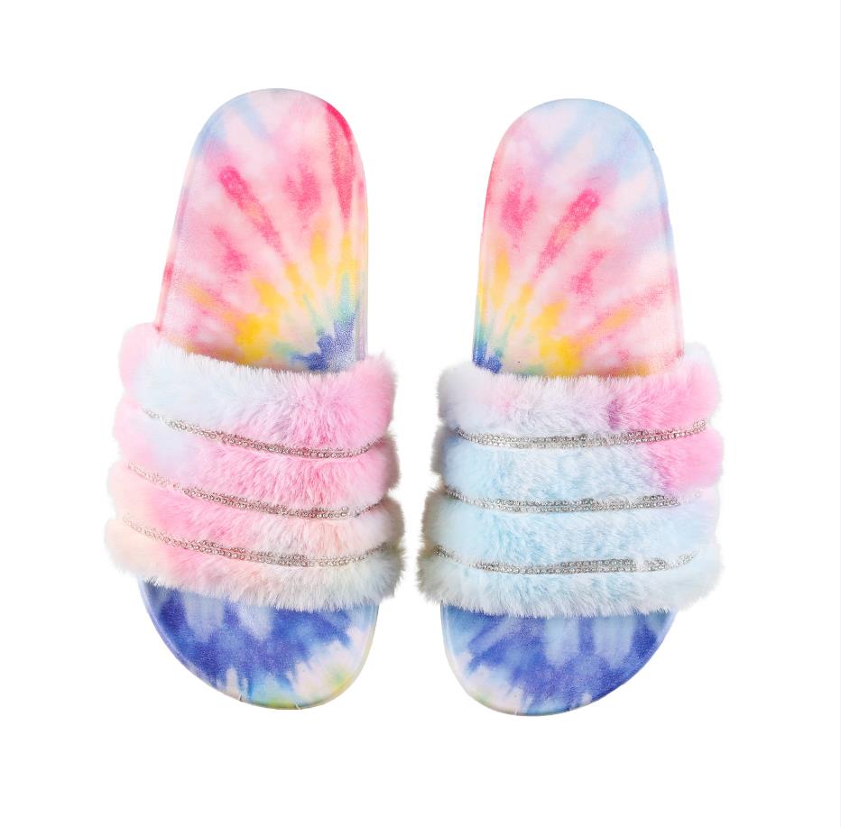 Drop shipping Women fur slippers Winter plush warm flat slides Female Bling fluffy flat slippers