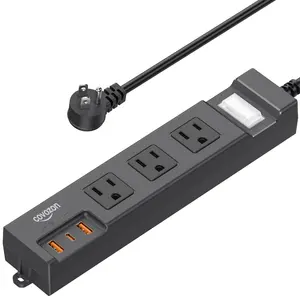 Tira de alimentación para exteriores IPX6, resistente a la intemperie, impermeable, protector contra sobretensiones con 3 salidas anchas y 3 puertos USB, cable de extensión de salida plana FCC