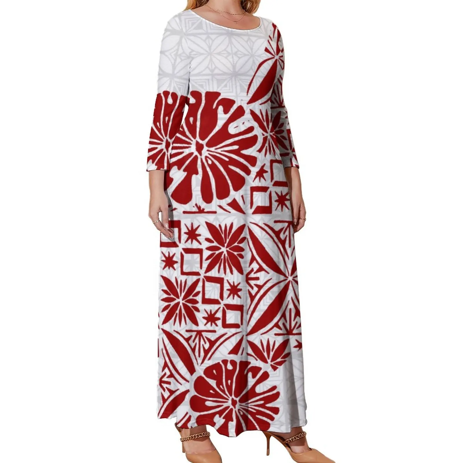 red tapa tradition print fall long sleeve crewneck fashion dress for women polynesian tribal design casual trendy dress prom