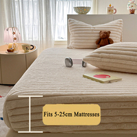 Draps-housses en peluche de lapin bouffant, couleur unie, épais, pour l'hiver, 360 °   Protège-matelas épais et chaud à rayures, entièrement enveloppant