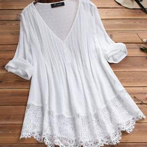 女式复古实心休闲棉亚麻衬衫大码<span class=keywords><strong>M</strong></span>-5XL v领短袖蕾丝装饰宽松上衣腮红 - Product Image 3