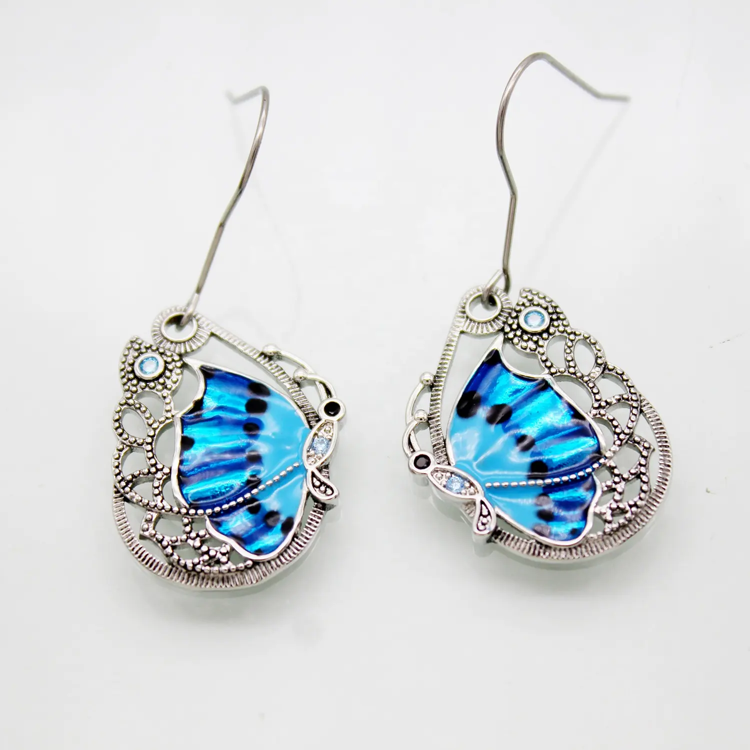 Woman Custom Design Metal Jewelry Brass Material Vintage Style Girl Ladies Crystal Blue Enamel Big Butterfly Earrings