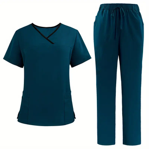 Ensemble de blouses médicales pour femmes, respirant, de haute qualité, doux, absorbant la transpiration, haut à manches courtes et col en V, poches plaquées, uniforme tissé - Product Image 4