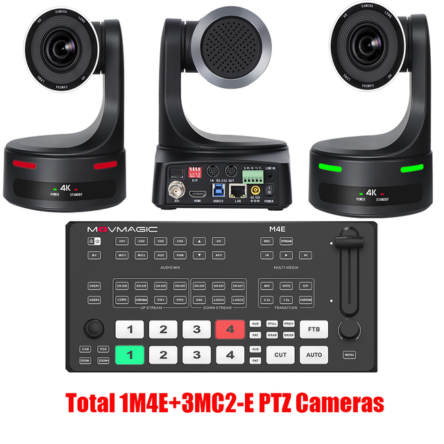 Bundle Sale 1 Movmagic M4E Video Switcher+ 3 MC2-E PTZ Cameras HD Input Broadcast Live Streaming with Multi-Effect Transitions