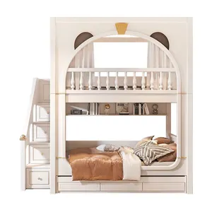 Lüks prenses ahşap yatak odası mobilyası takım beyaz ranzalar depolama Loft Modern pembe çocuk çocuk ranzası ranzalar merdiven ile