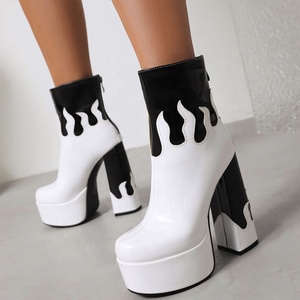 Fancy Fire Patchwork Round Toe Women Platform Short <b>Boots</b> Back Zipper Women Ankle Booties High Chunky Heels Shoes Customized - Product Image 3