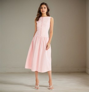 เดรสผ้าฝ้ายสีชมพูเรียบง่ายสำหรับผู้หญิงชุดเดรสเสื้อกล้ามแขนกุดสำหรับวัยรุ่นแนวเจ้าหญิง - Product Image 1