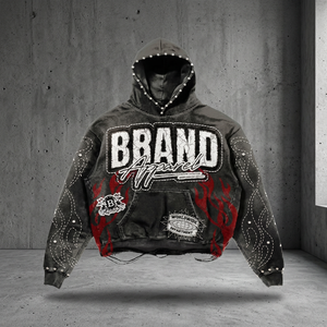 Acid Wash Rhinestone Patch Oversized Zip Up Hoodie <b>Men</b> Streetwear <b>Fleece</b> Pullover - Product Image 5